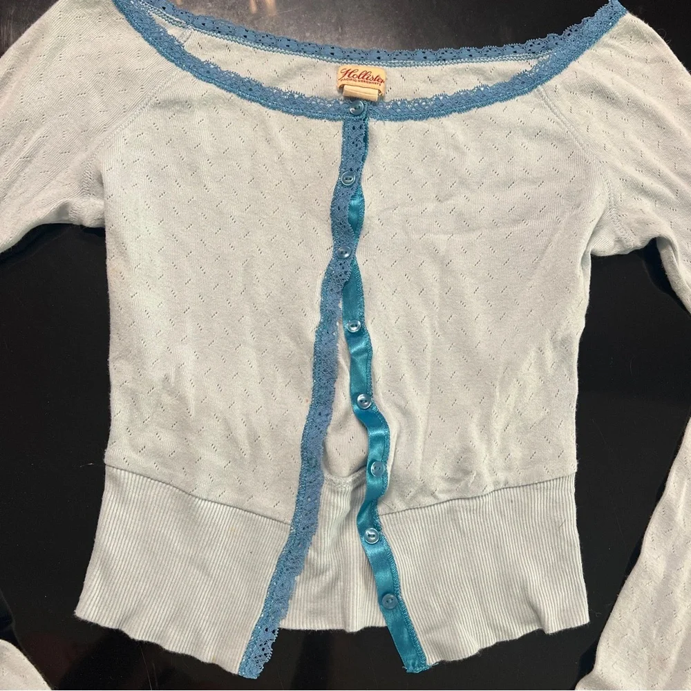 Rare Vintage y2k Hollister Blue Lace-Trim Cardigan top size small - Picture 2 of 9